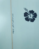Close up view of Ice Blue Okanui The Bucket Mid Length Surfboard with Okanui logo print details