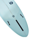Ice Blue Okanui The Bucket Mid Length Surfboard with Okanui logo print bottom details