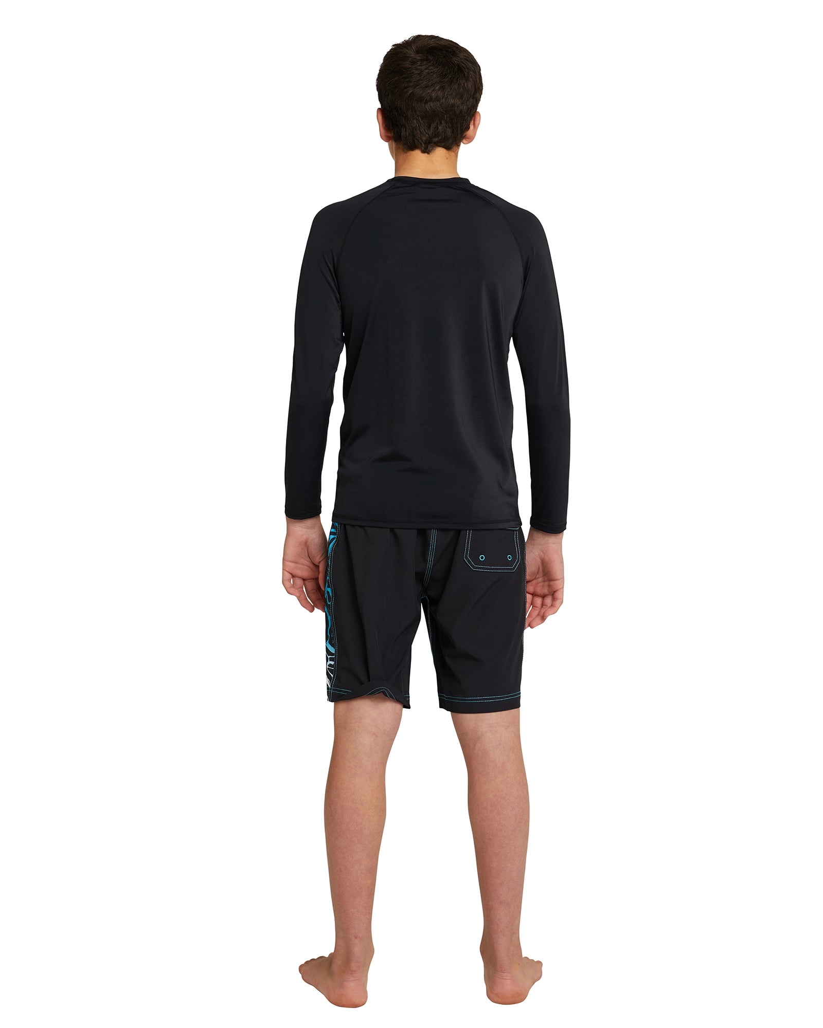 Front view of Okanui Boy's spring long sleeve rashie in black showing the back view.