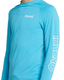 Closer view of Okanui Boy's spring long sleeve rashie in storm blue.