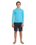 The front view details of Okanui Boy's spring long sleeve rashie in storm blue.