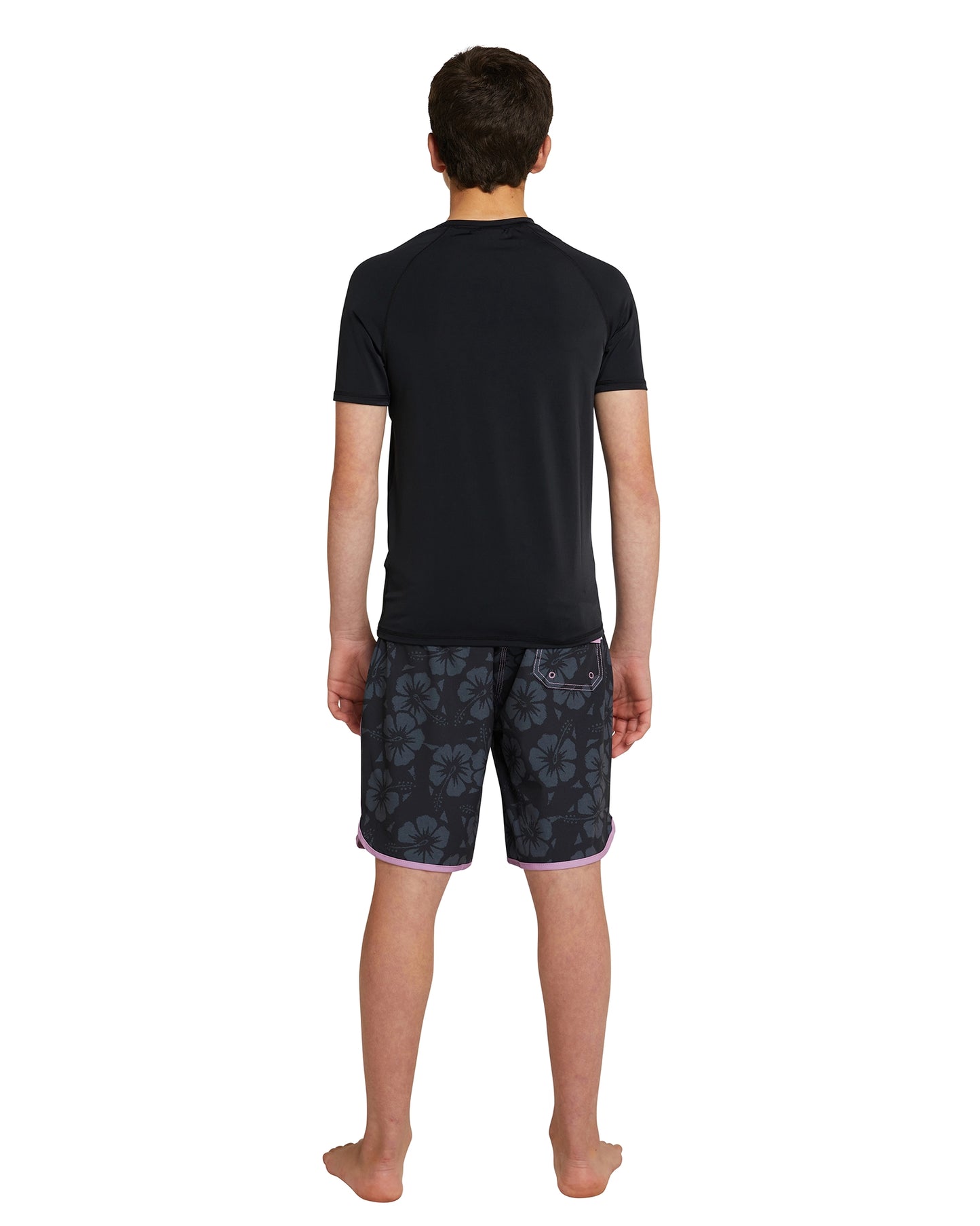 The Okanui Boy's Spring Short Sleeve Rashie in black back view. 