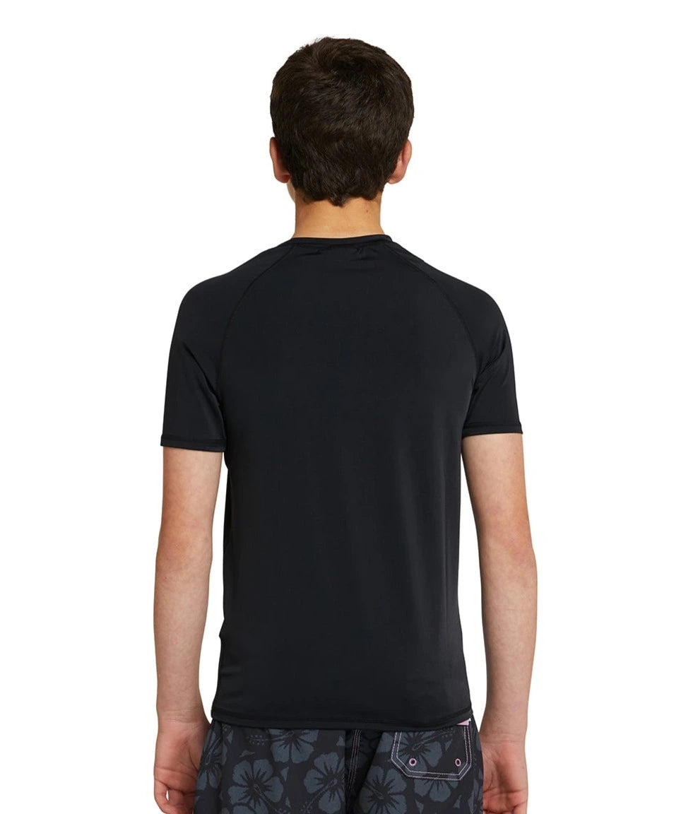 Closer back view details of Okanui Boy's Spring Short Sleeve Rashie in black.