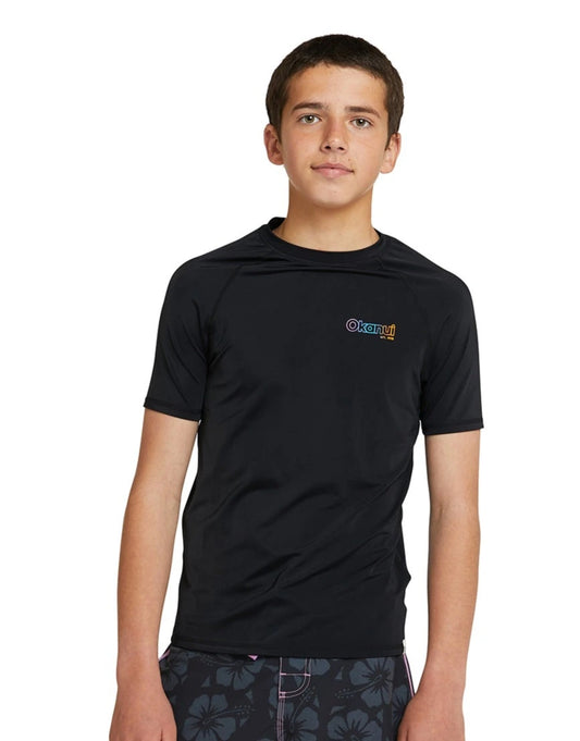 The Okanui Boy's Spring Short Sleeve Rashie in black.