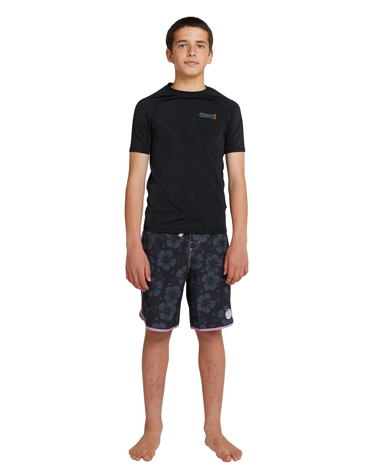 Full details of Okanui Boy's Spring Short Sleeve Rashie in black.