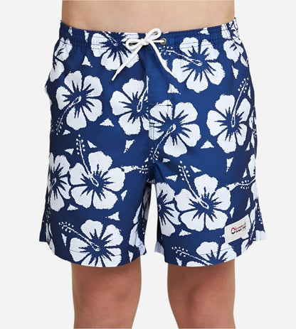 Front view of Okanui boys swim shorts in Hibiscus Navy