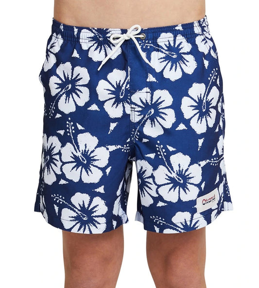 Front view of Okanui boys swim shorts in Hibiscus Navy