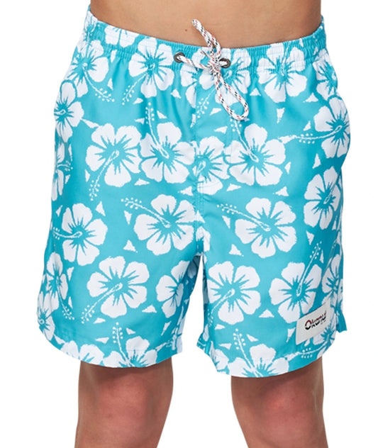 Front view of the Okanui boys swim shorts in Hibiscus Aqua