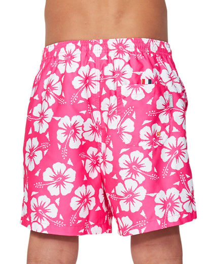 Back vew of the Okanui boys swim shorts in Hibiscus Hot Pink