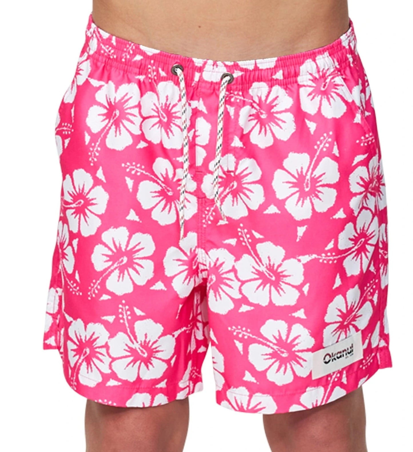 Front view of the Okanui boys swim shorts in Hibiscus Hot Pink