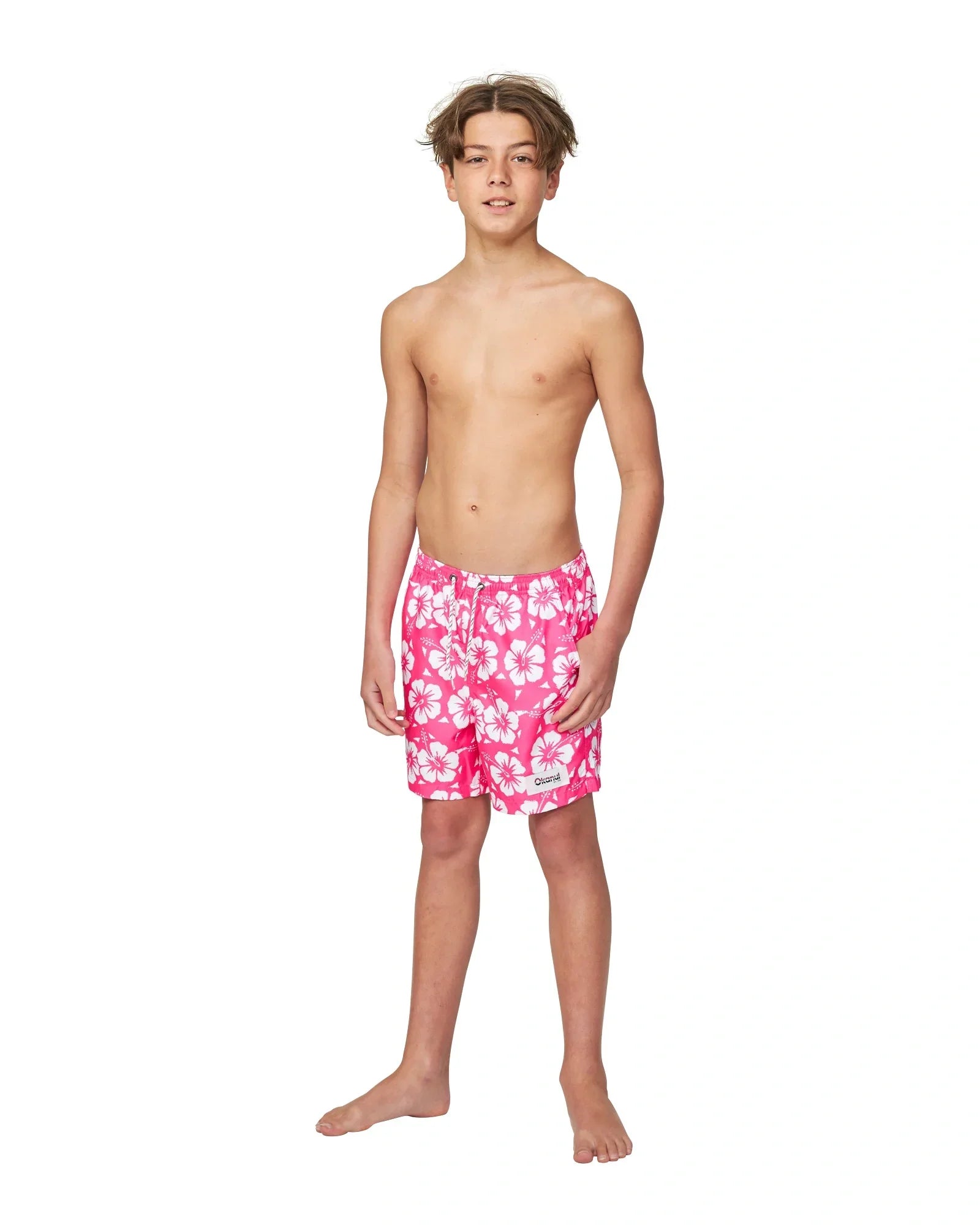 Okanui Boys Swim Shorts Hibiscus Hot Pink