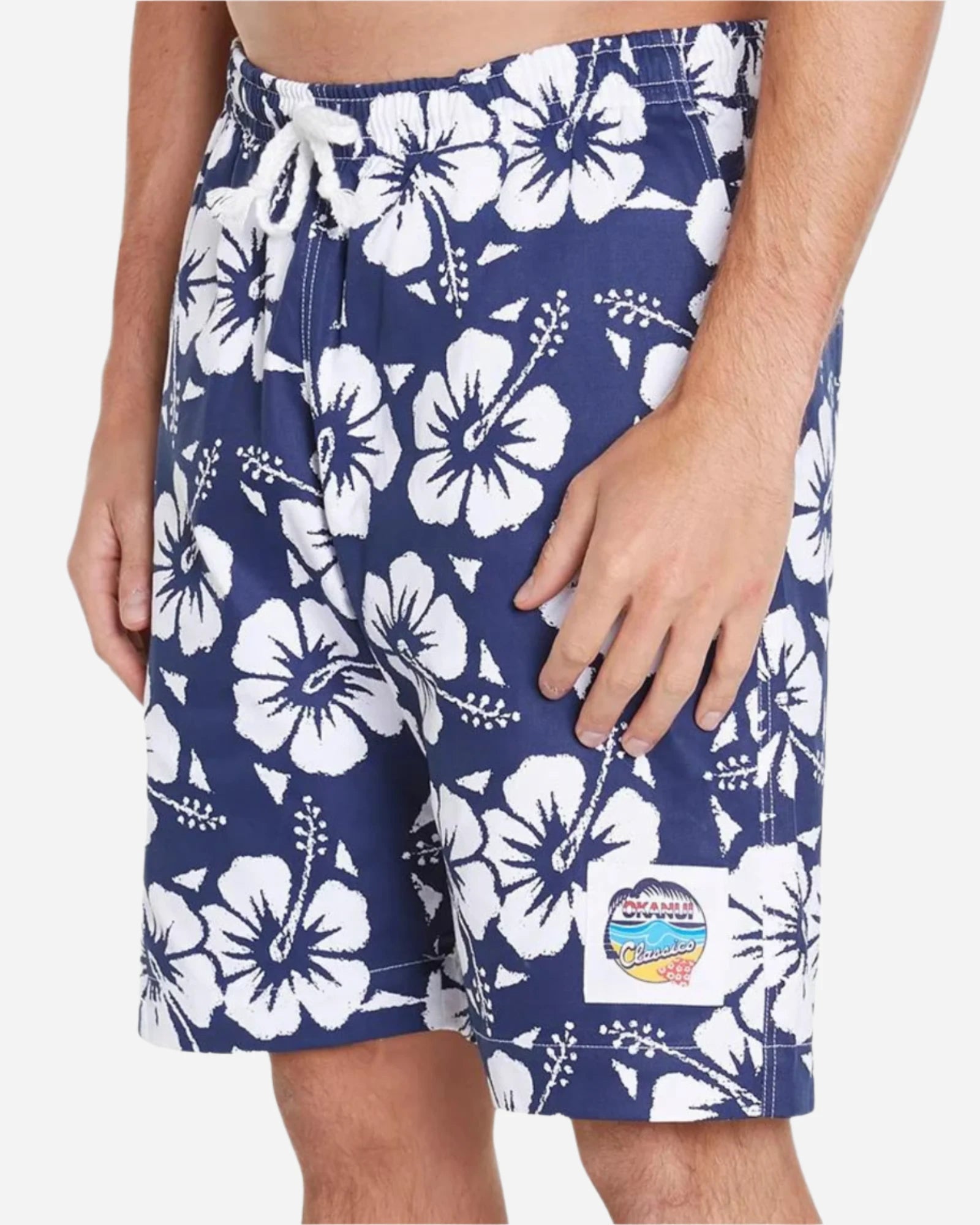 Closeup front view of the Okanui Classic Shorts in Hibiscus Navy print