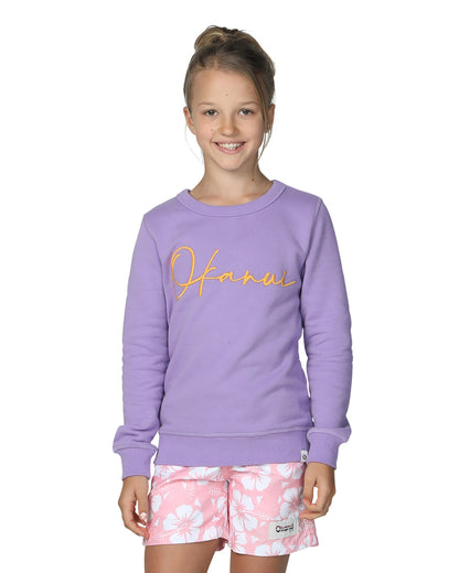 Girls winter sweater in Lilac color with white and pink hibiscus flower design. 