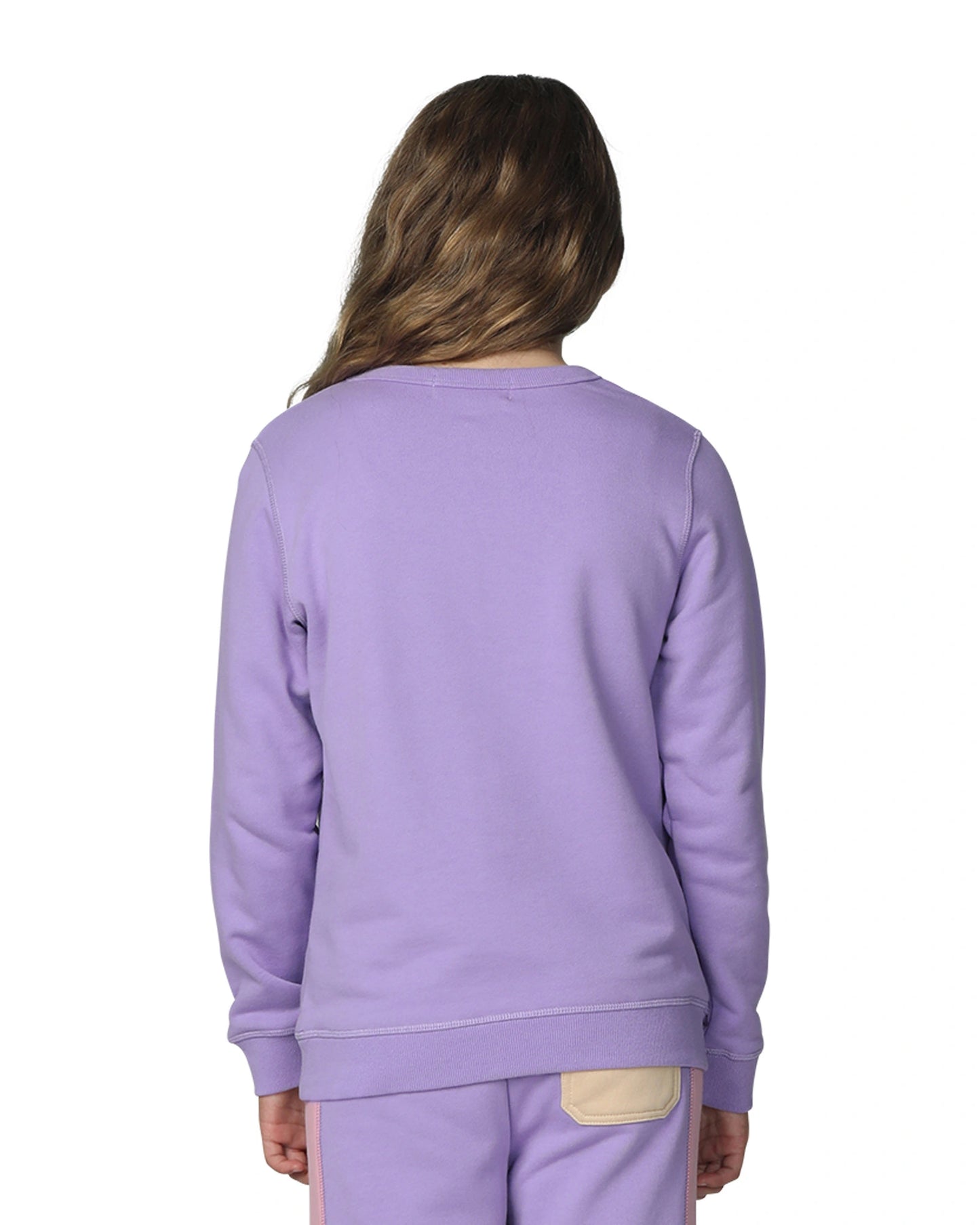 Okanuis Lilac winter sweater and pants showing the back view. 