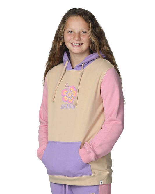 Girls winter hoodie with pink, yellow and lilac colors showing the side part view. 