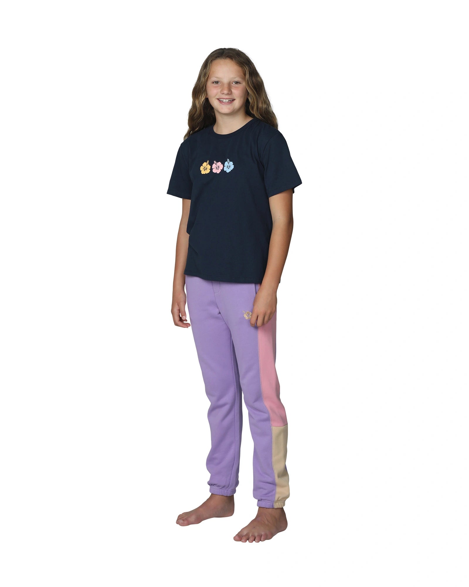 Girls trackpants in pink, yellow and lilac color with navy blue top showing the side view part.