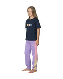 Girls trackpants in pink, yellow and lilac color with navy blue top and hibiscus flower design. 