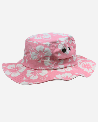 Back view of the Okanui Kids Bucket Hat in Hibiscus Orchid