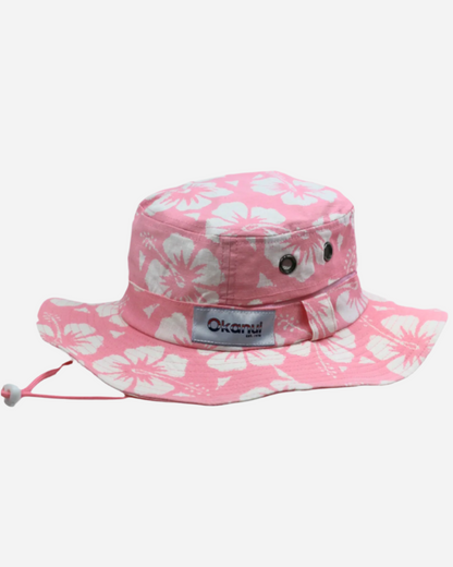 Front view of the Okanui Kids Bucket Hat in Hibiscus Orchid