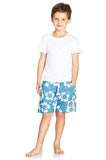 The classic Kids Okanui short with white and blue hibiscus flower. 