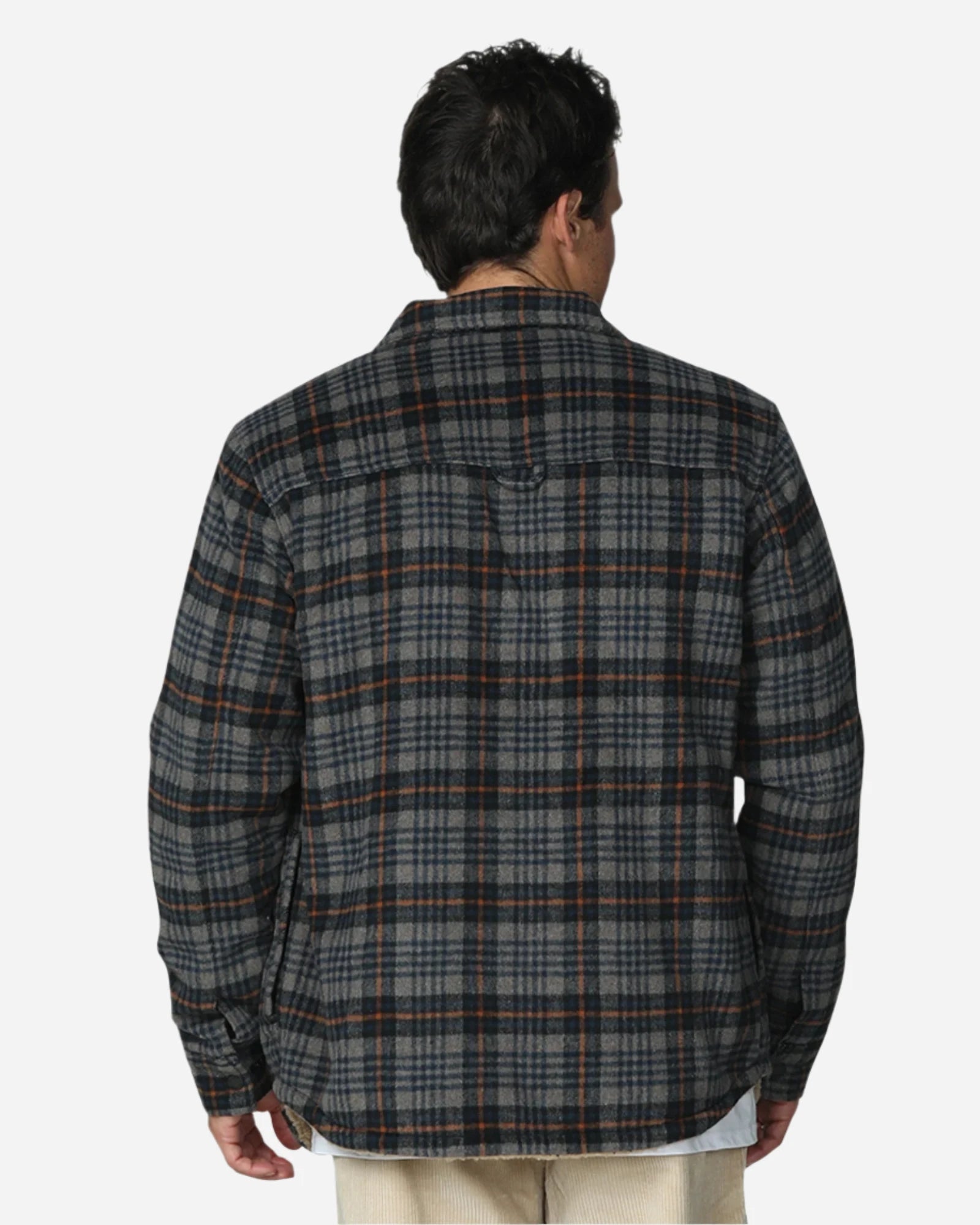 Checkered winter jacket showing the back view. 