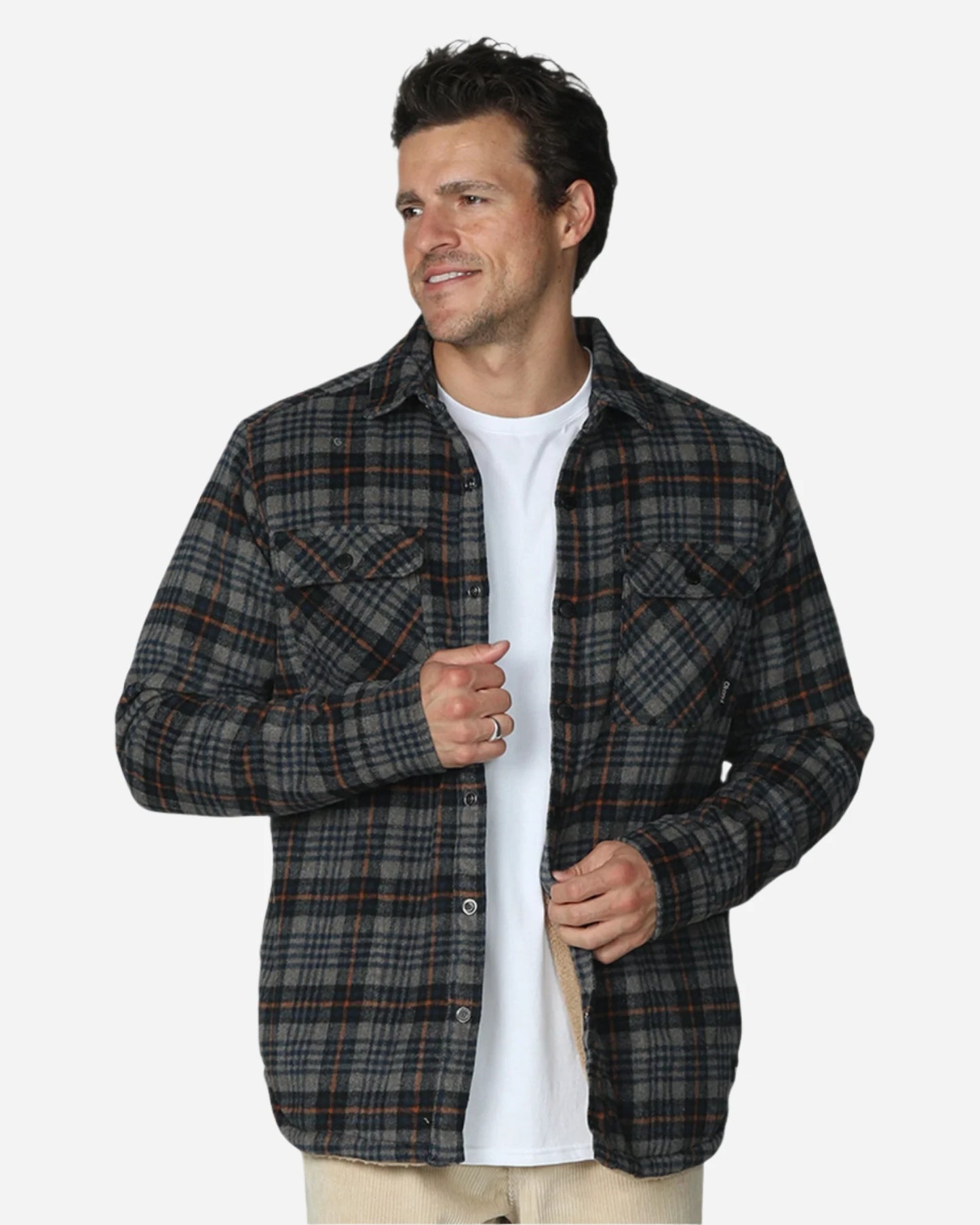 Checkered winter jacket with white plain shirt inside. 