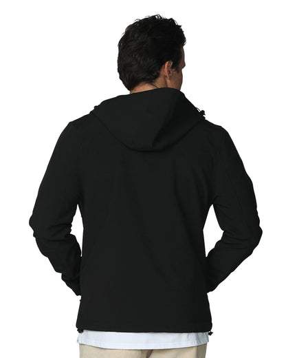 Mens soft shell jacket in color black showing the back view. 