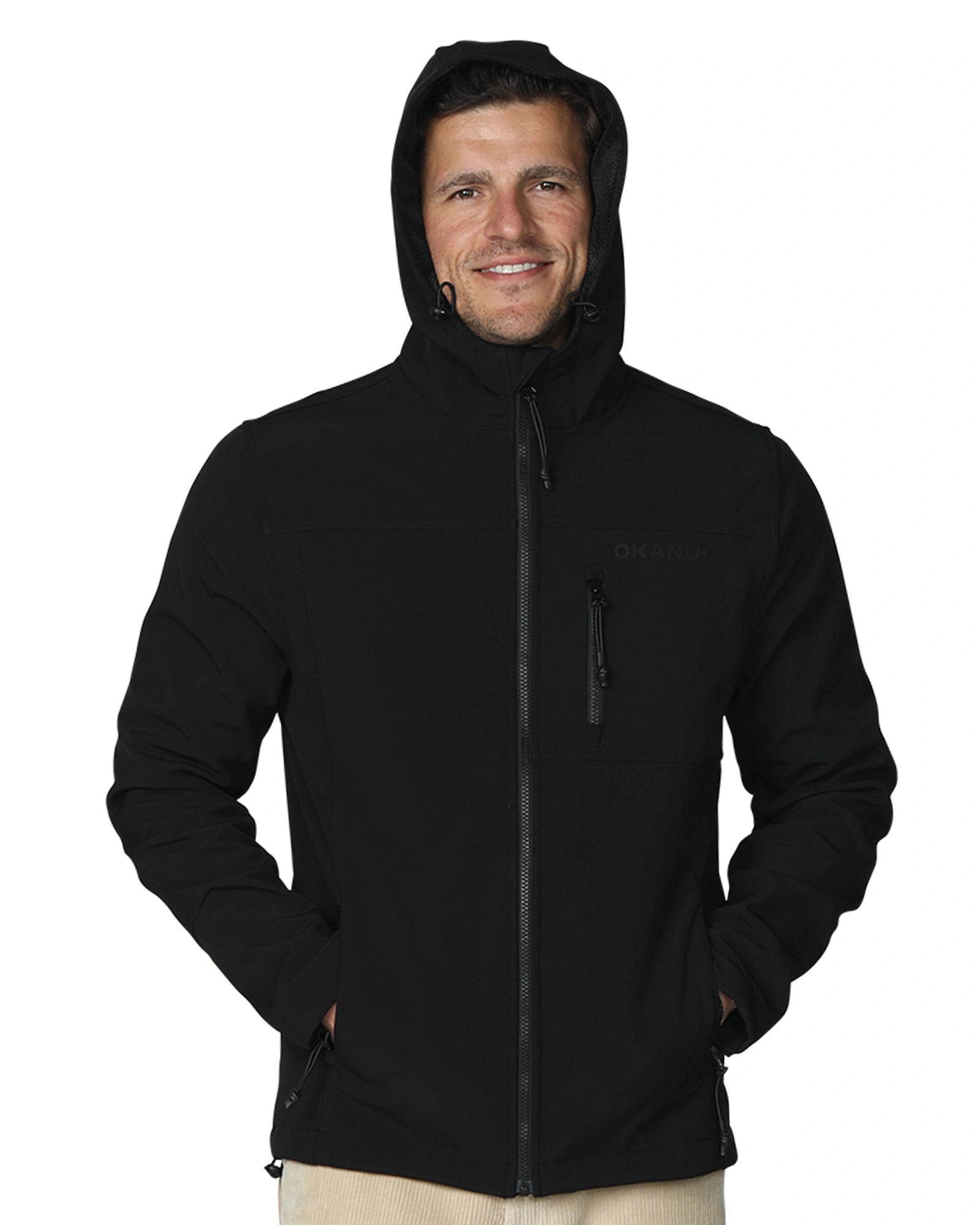 Mens soft shell jacket in color black showing with up front zipper. 