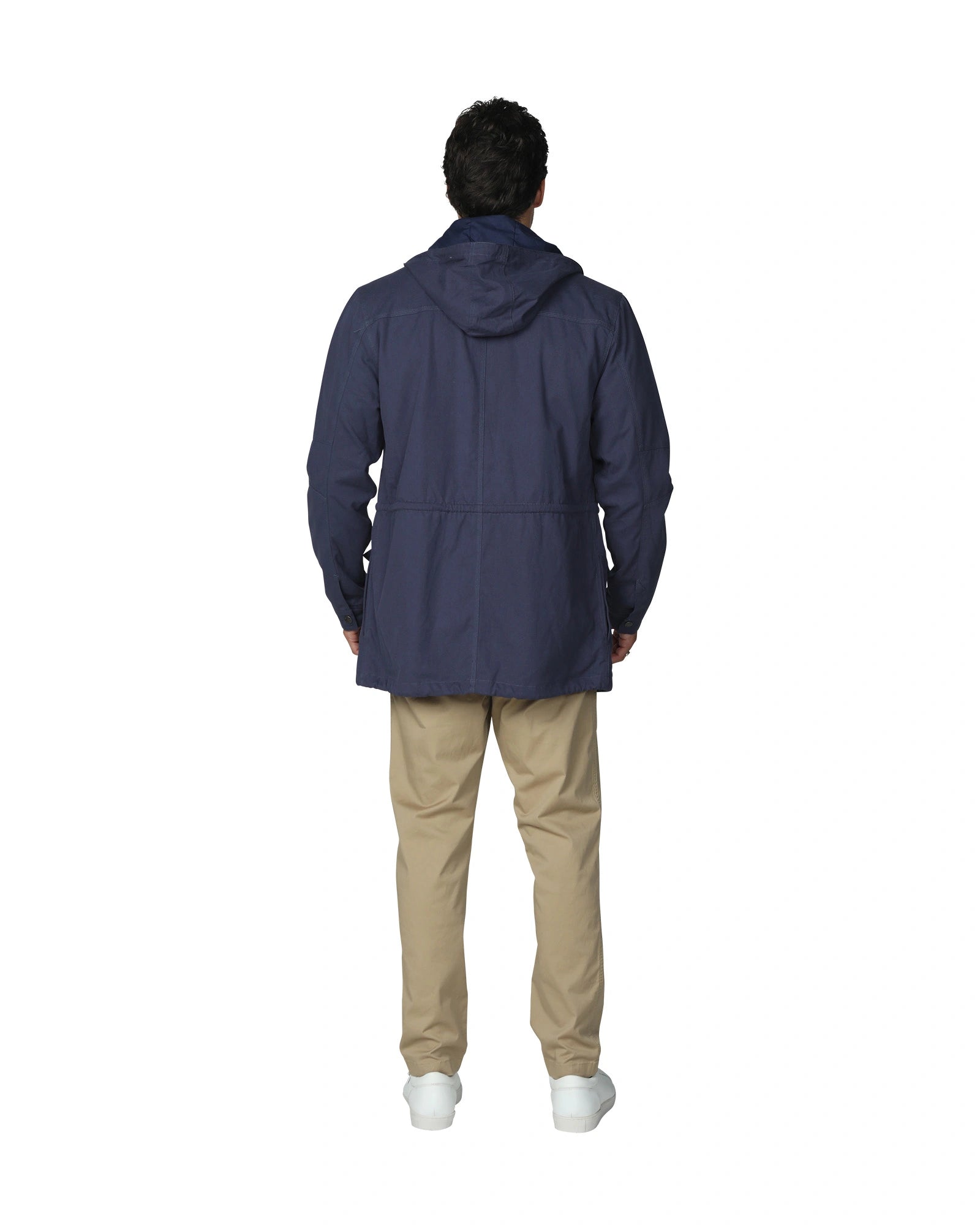 Mens Winter shoreline parka in navy blue color showing the back details.