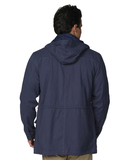 Mens Winter hoodie in navy blue color showing the back lining. 