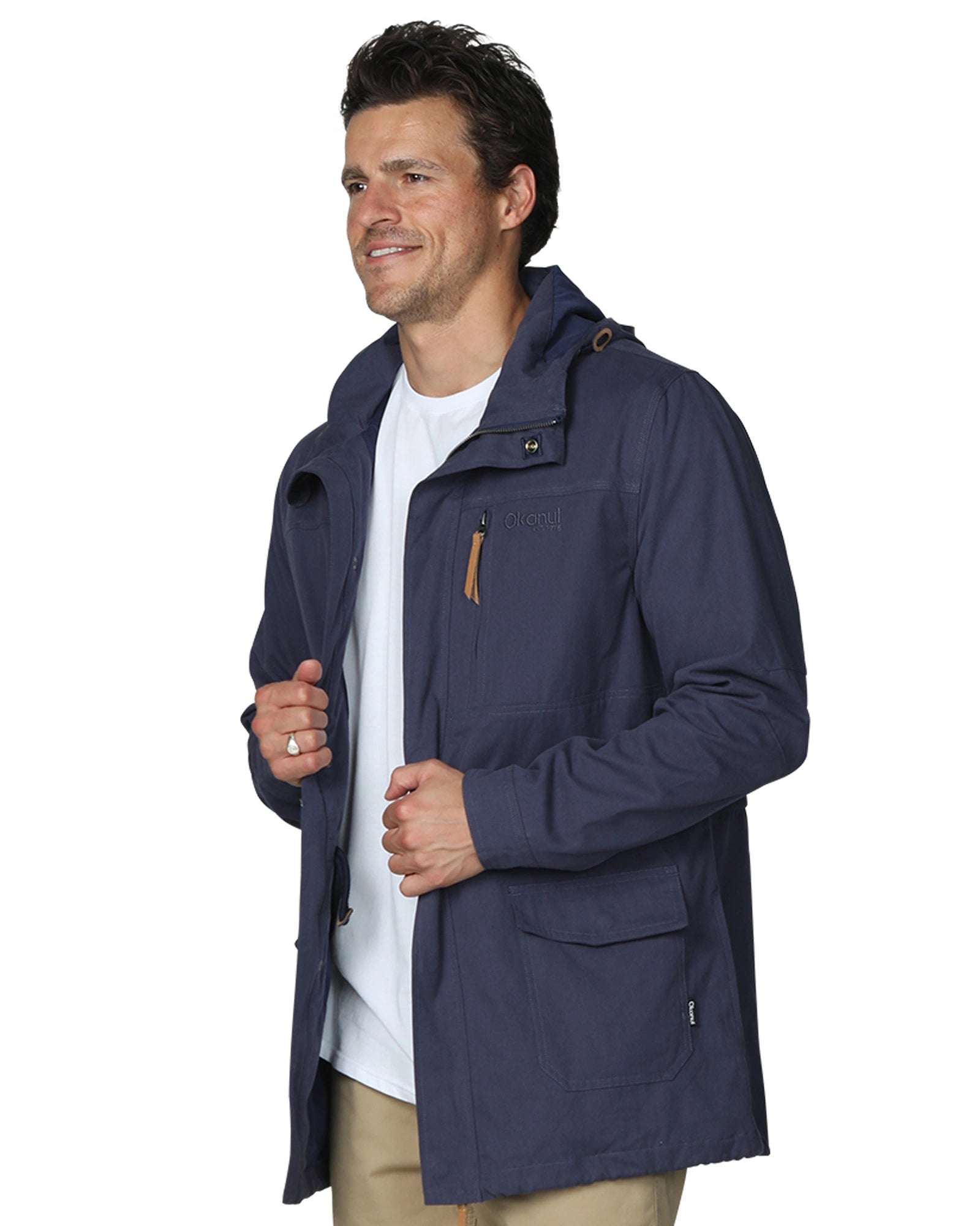 Mens shoreline parka jacket with white top shirt inside. 