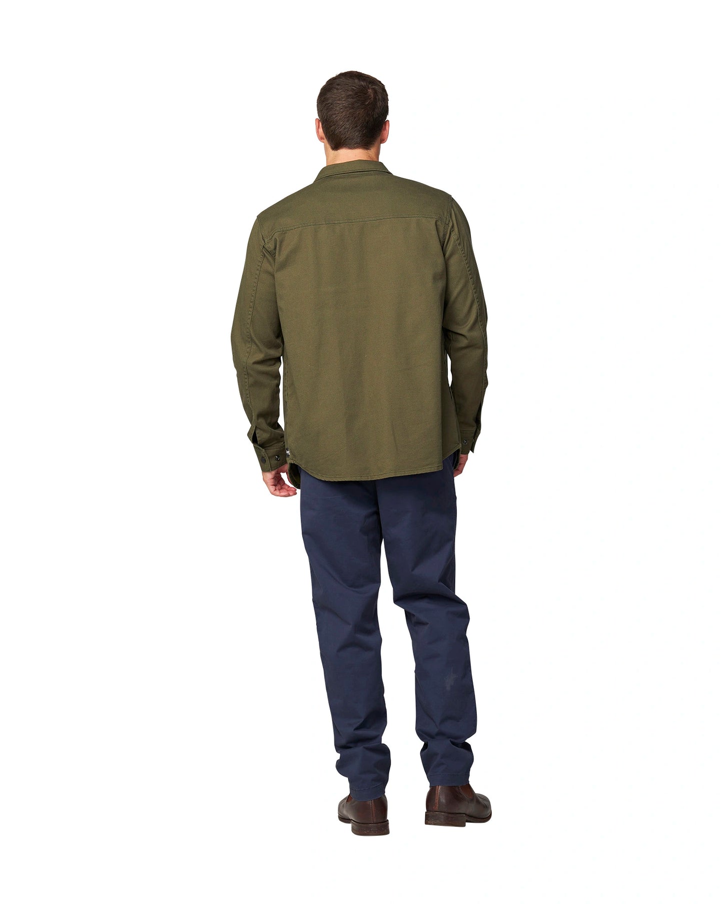 Men's autumn green jacket with navy blue pants showing the back view. 