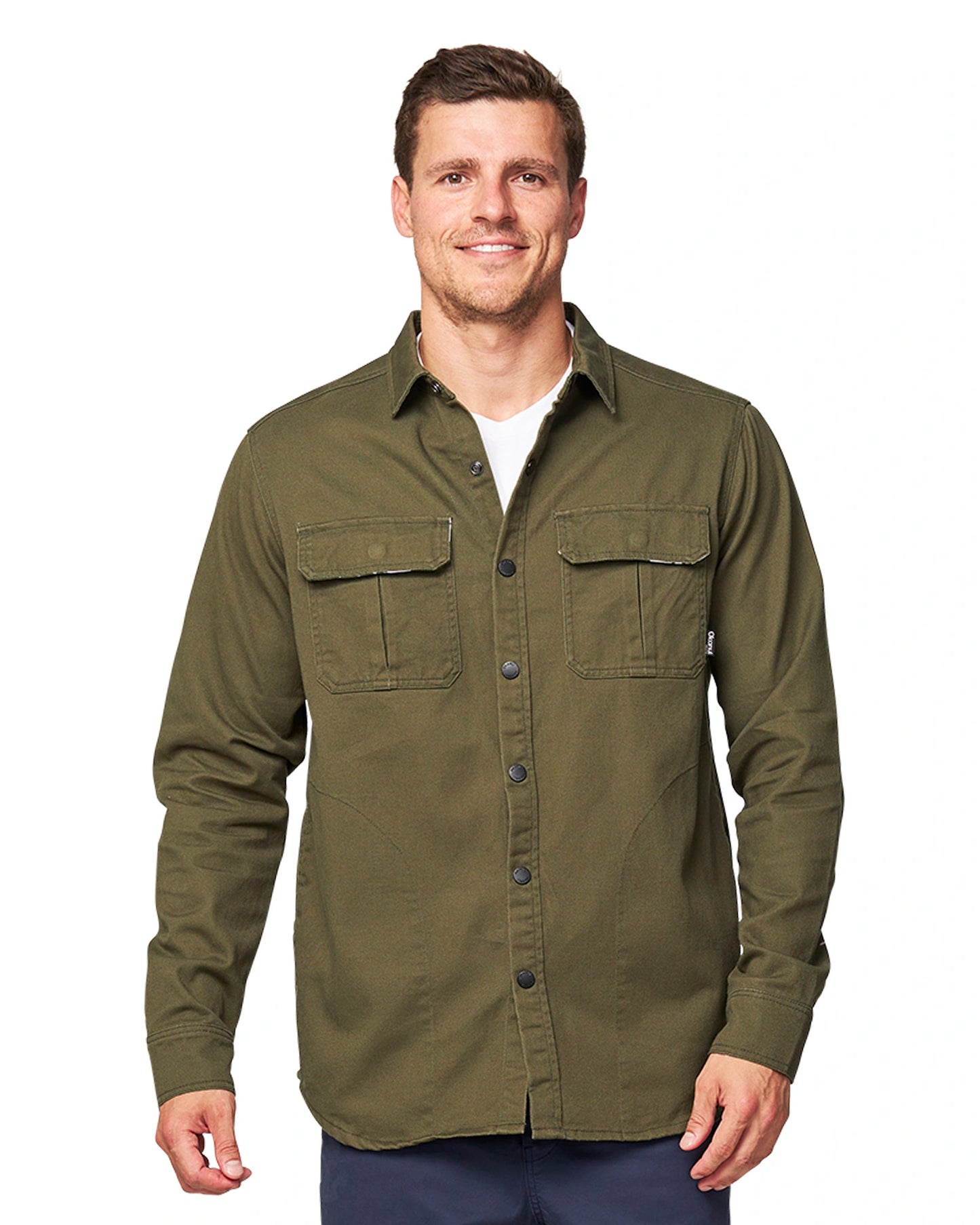 This is a green, buttoned autumn jacket for men.