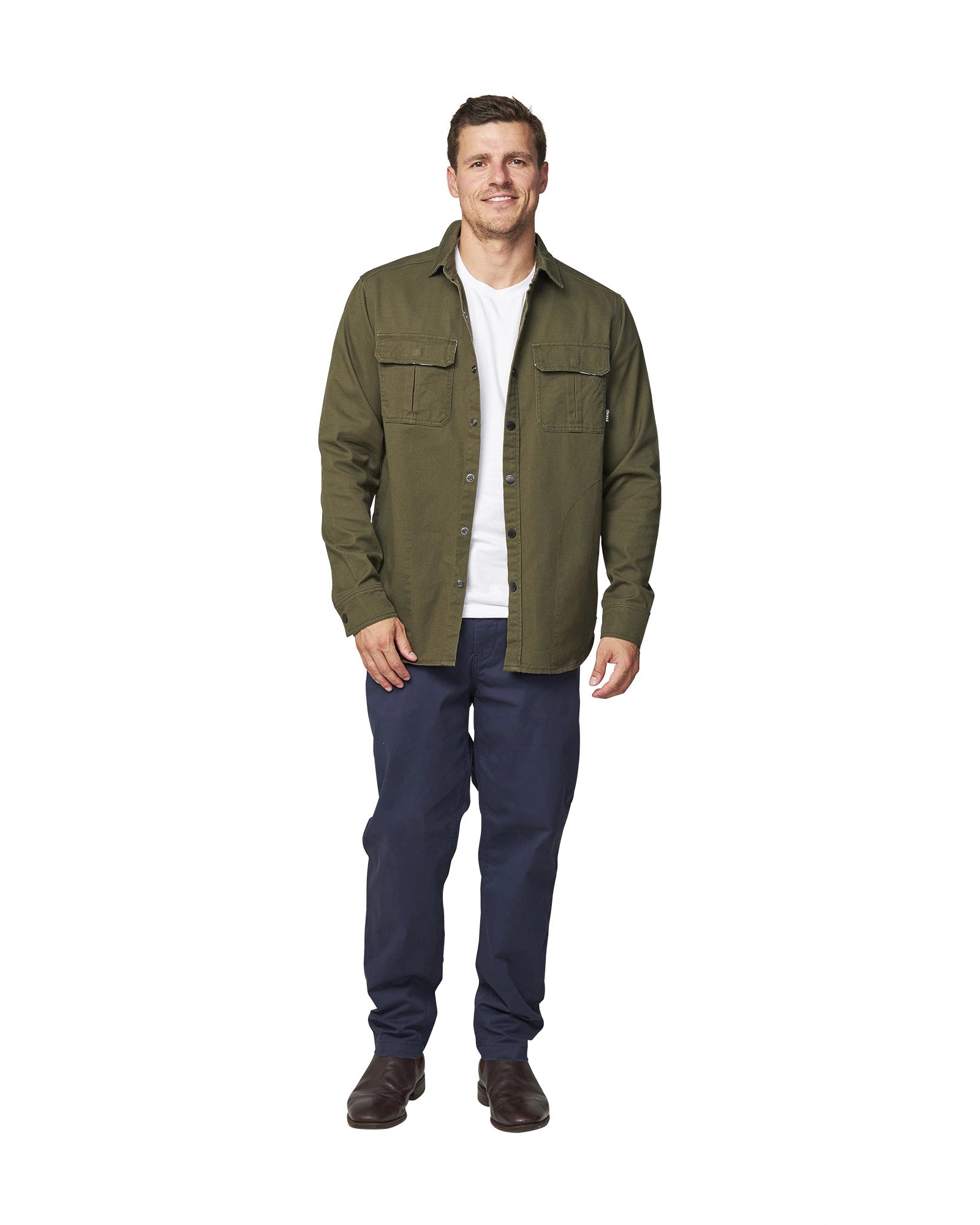 A green autumn jacket with white plain shirt inside. 