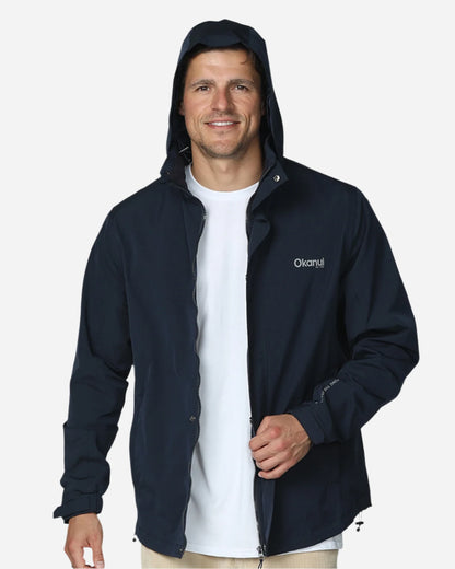 Mens winter surf jacket with white top shirt and  zipper up front. 