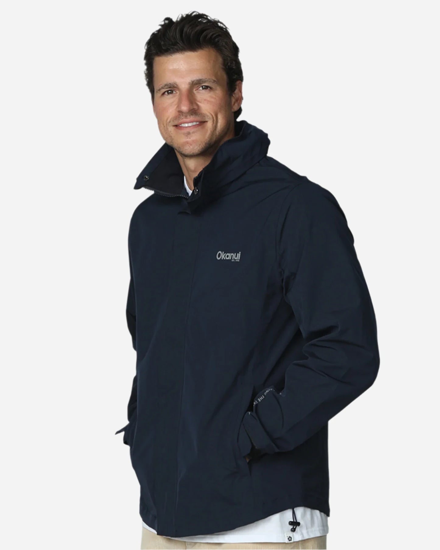 Mens winter surf jacket in navy blue color with side pockets. 