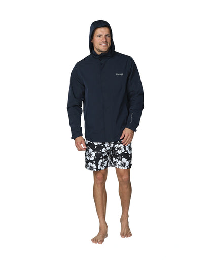 Mens surf jacket in navy blue with black and white hibiscus flower shorts. 