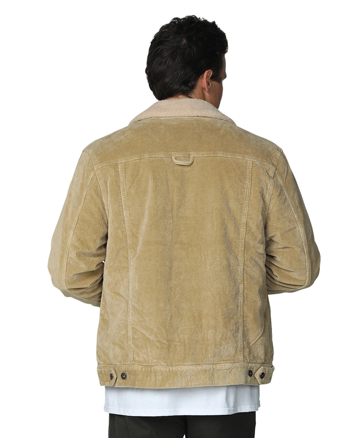 Mens winter jacket in tan color showing the back details.