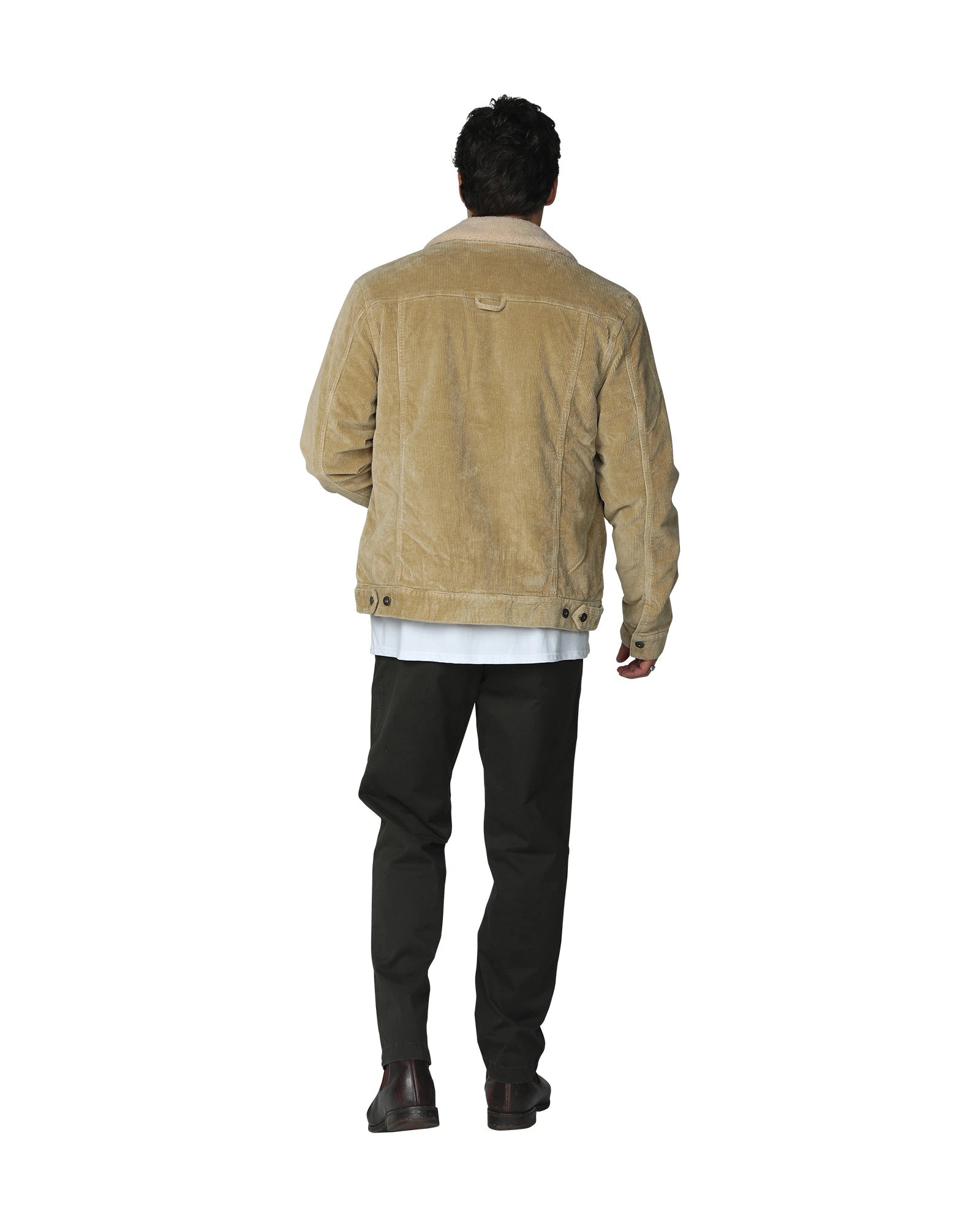 Mens winter jacket in tan color with black pants. 