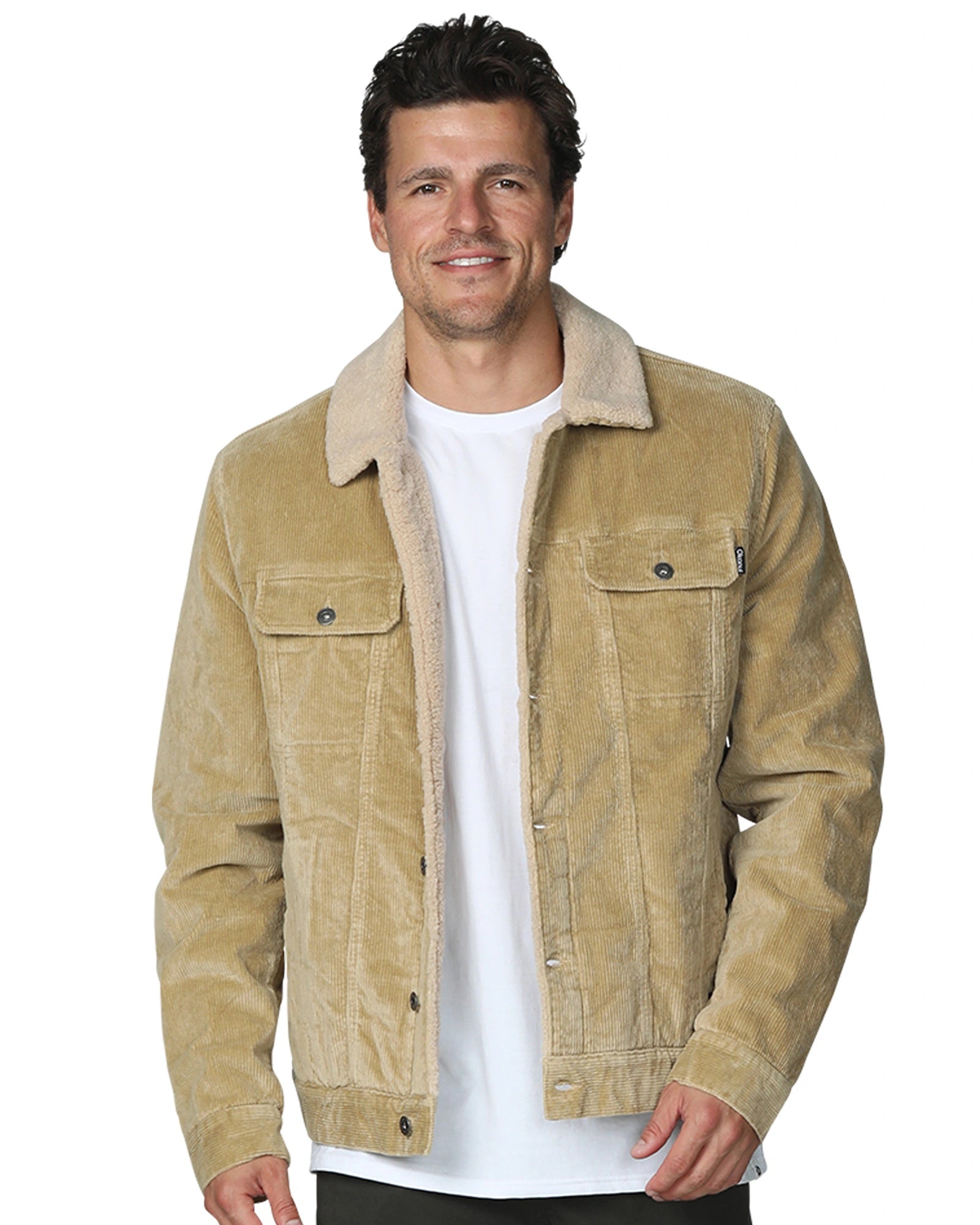 Mens winter jacket in tan color with white plain shirt inside. 