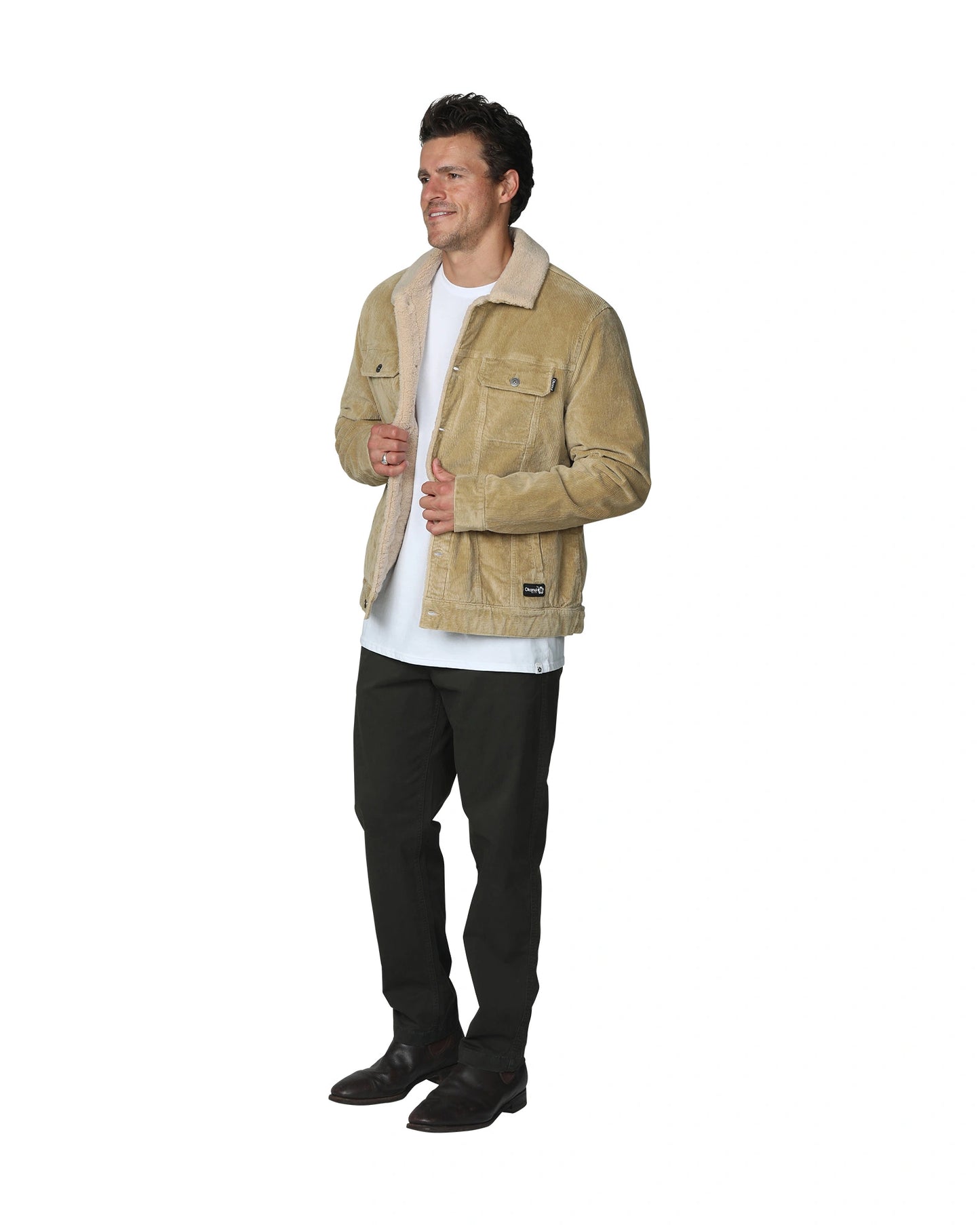 Mens winter jacket in tan color showing the side view part. 