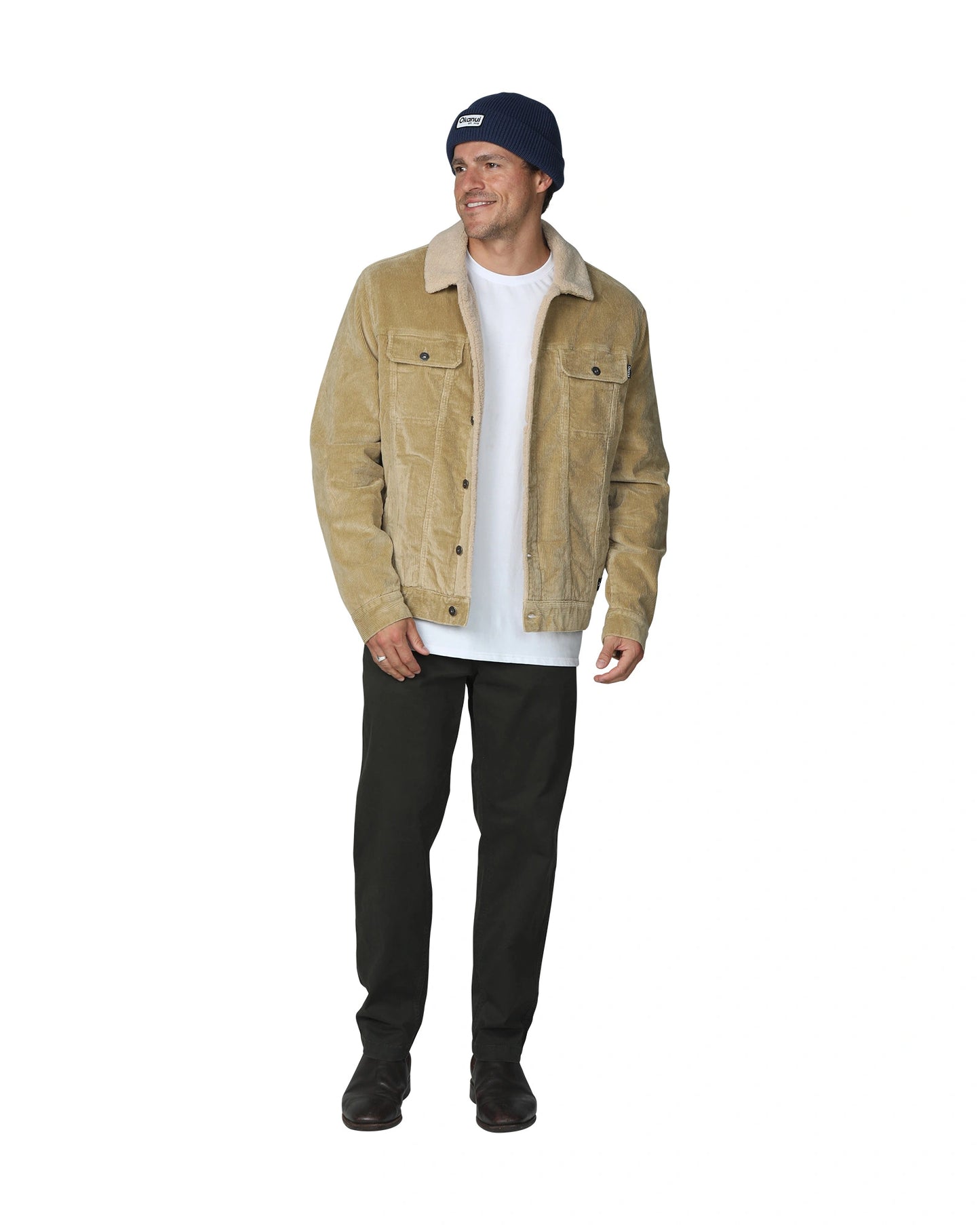 Mens winter jacket in tan color with white plain shirt and navy blue bonnet. 