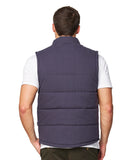 Close up back view of the Okanui Navy Heather Port Vest in Navy color.
