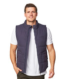 A close front view of a male model wearing the Okanui Navy Heather Port Vest in Navy colour over a white t-shirt.