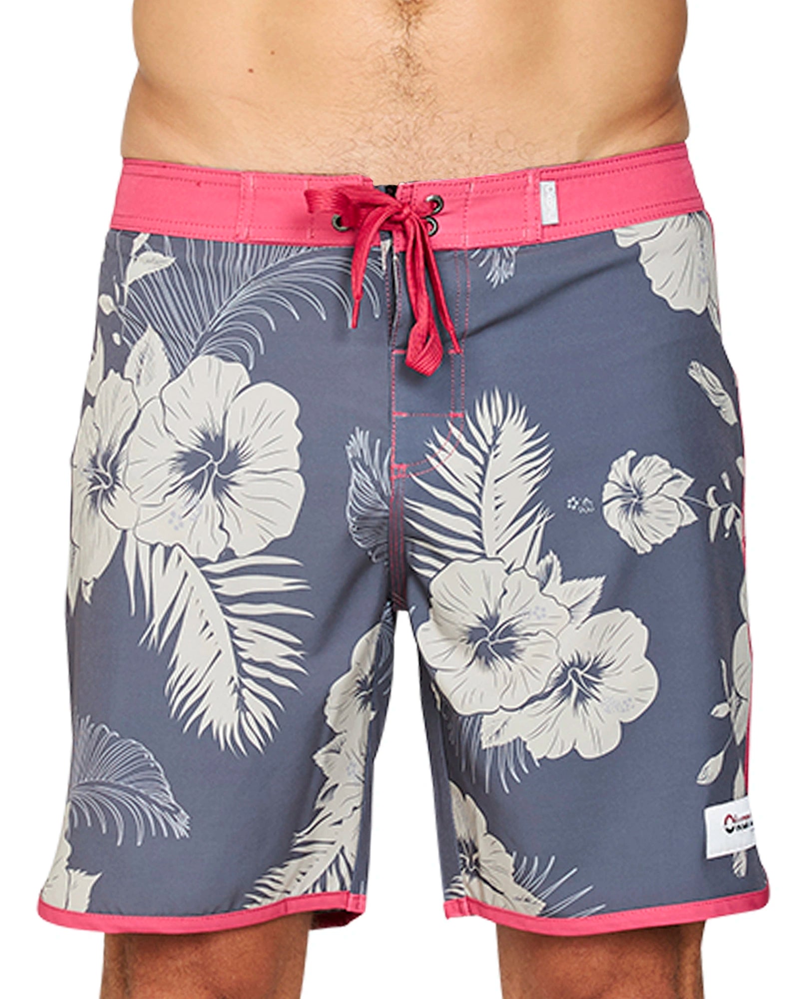 Close up front view of the Okanui Noosa Retro Boardrider Boardshort in Flint Stone color.