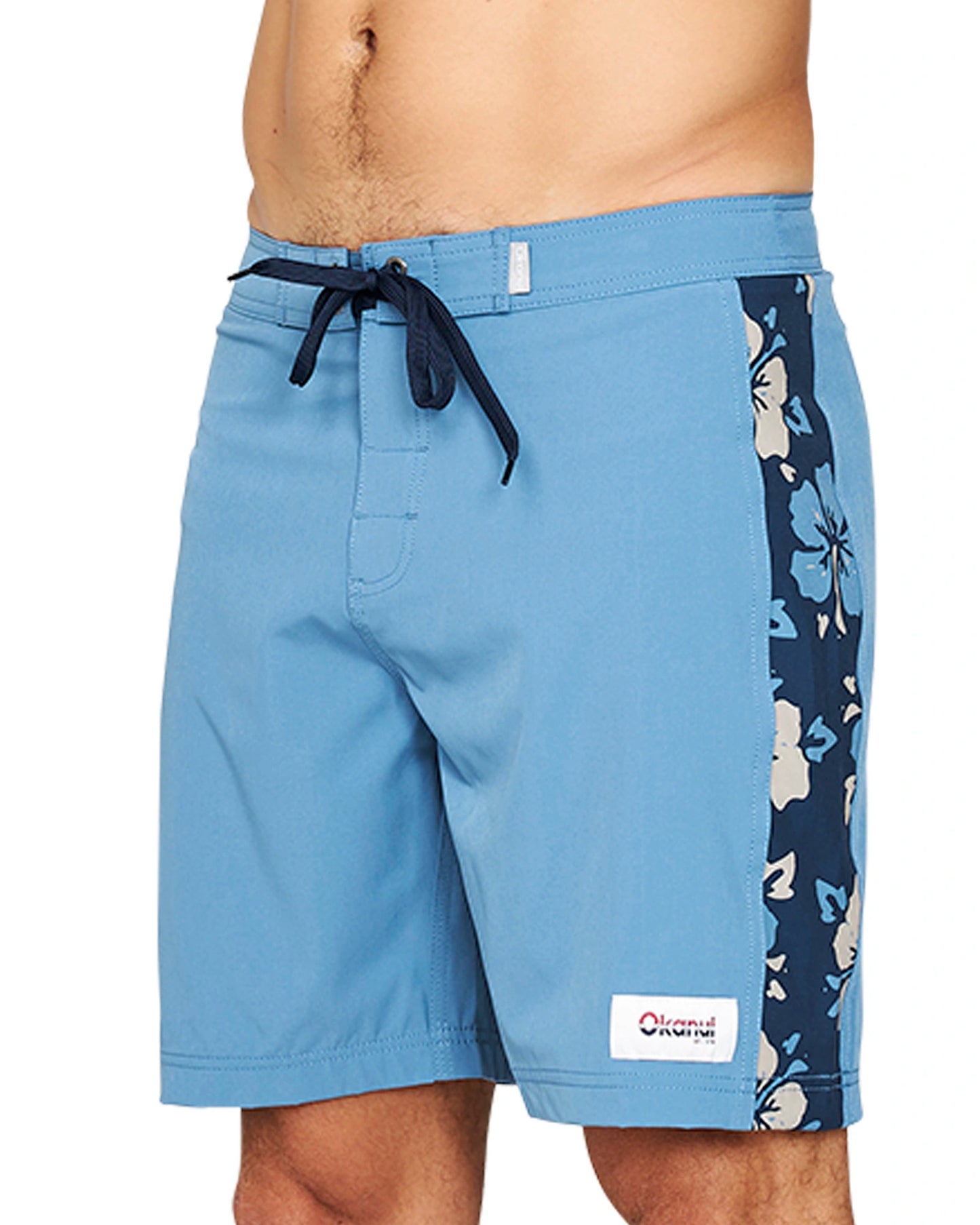 Side view of the Okanui Collage Boardrider Boardshort in Steel colour.