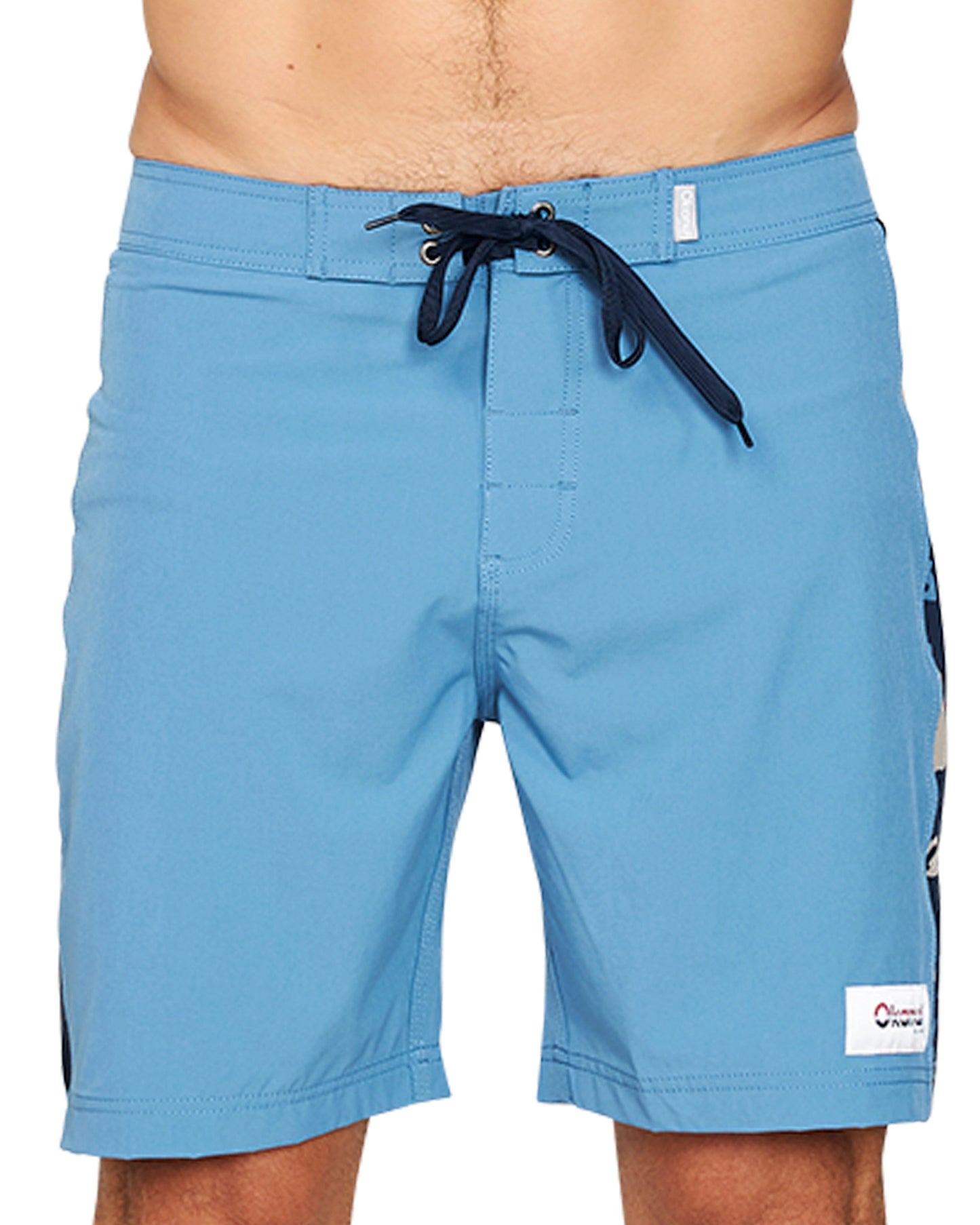 Close up front view of the Okanui Collage Boardrider Boardshort in Steel colour.