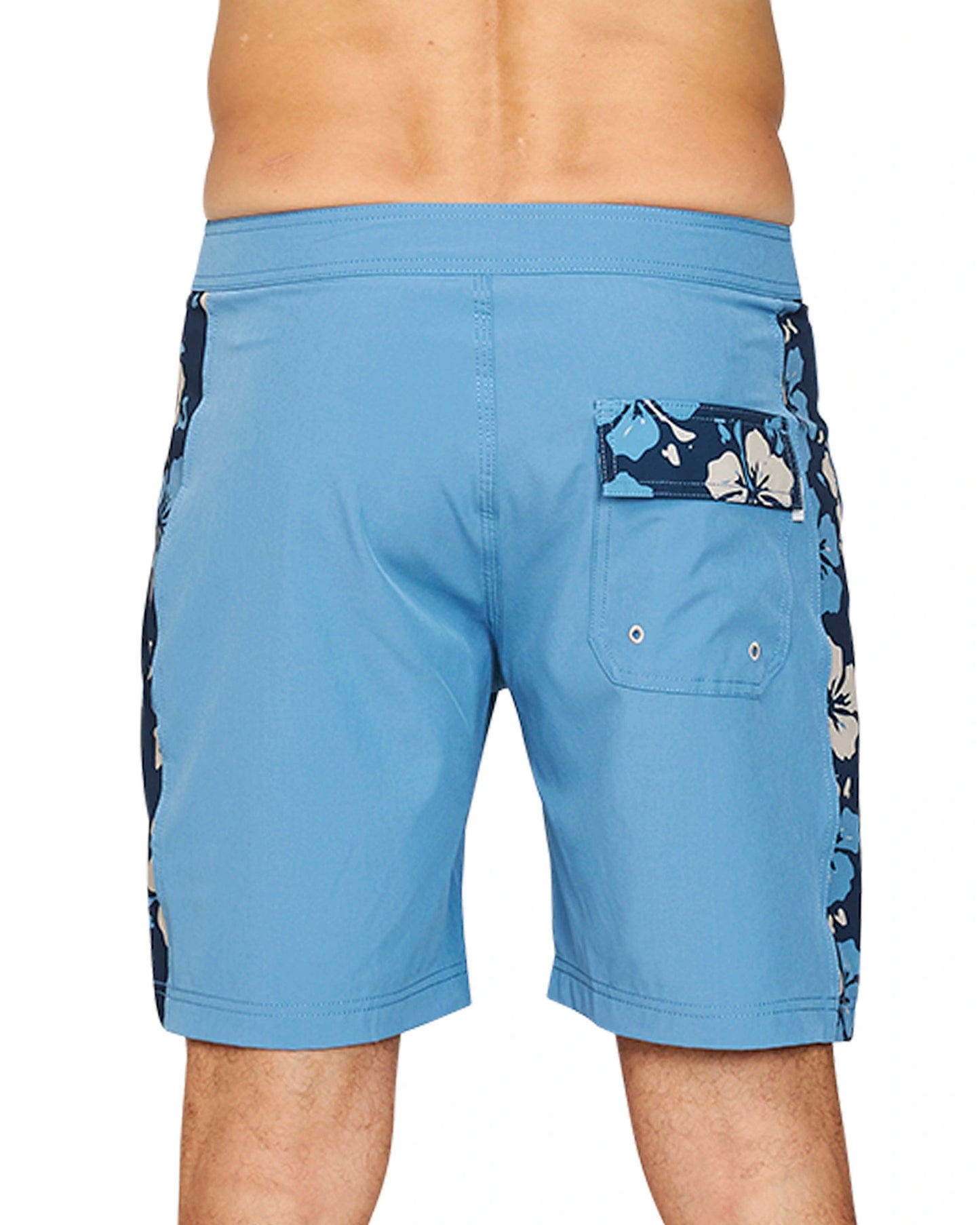 Close up back view of the Okanui Collage Boardrider Boardshort in Steel colour.