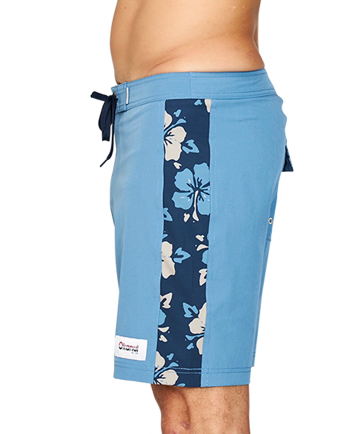 Close up side view of the Okanui Collage Boardrider Boardshort in Steel colour.