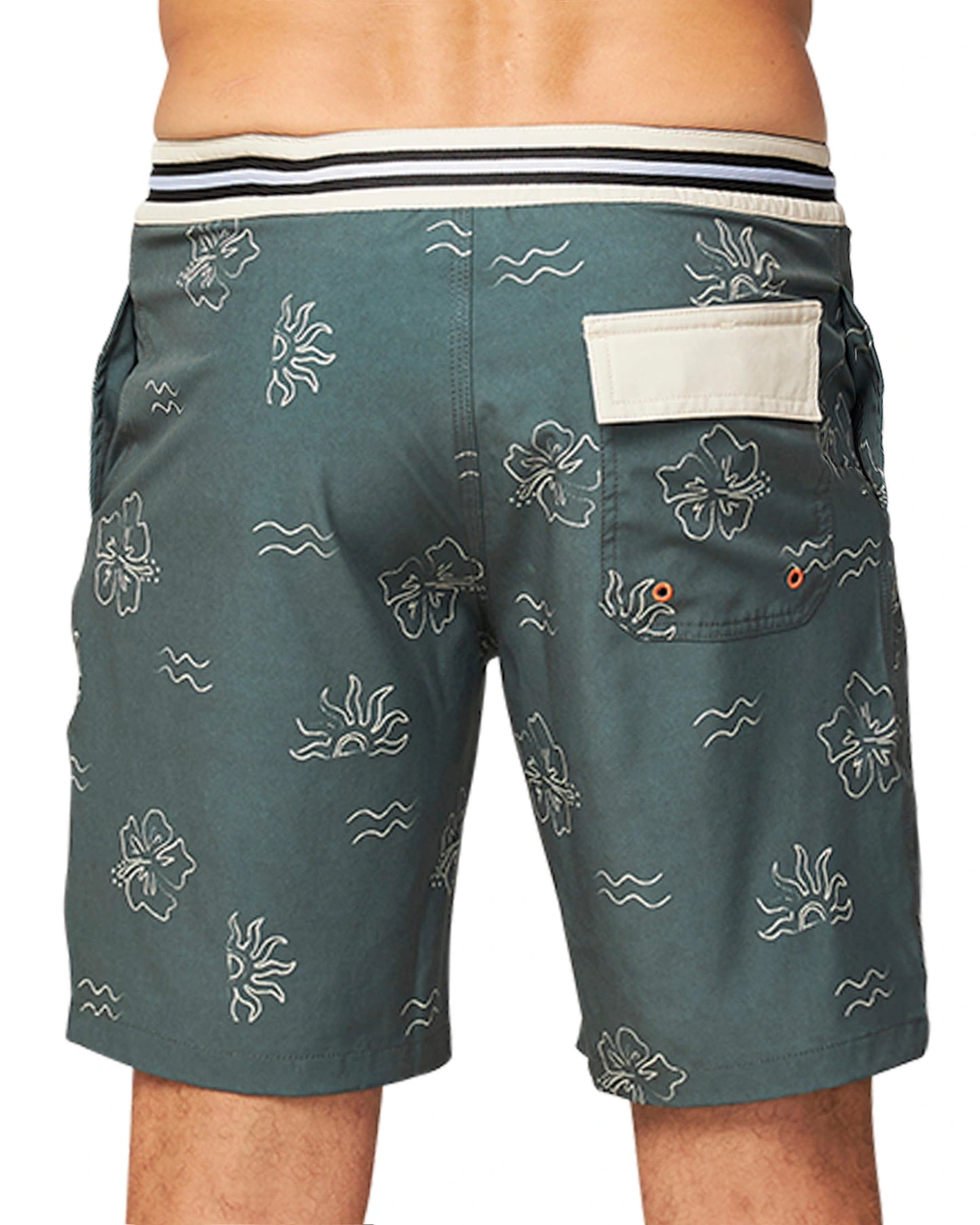 Close up back view of a the Okanui Rising Sun Boardrider Boardshort in Forest color